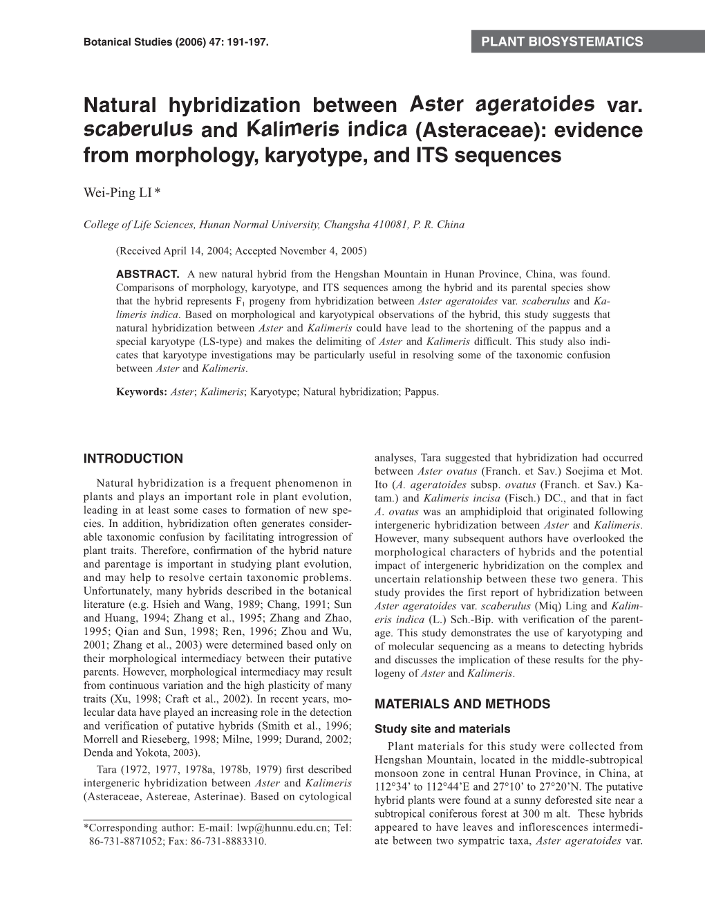 Asteraceae): Evidence from Morphology, Karyotype, and ITS Sequences