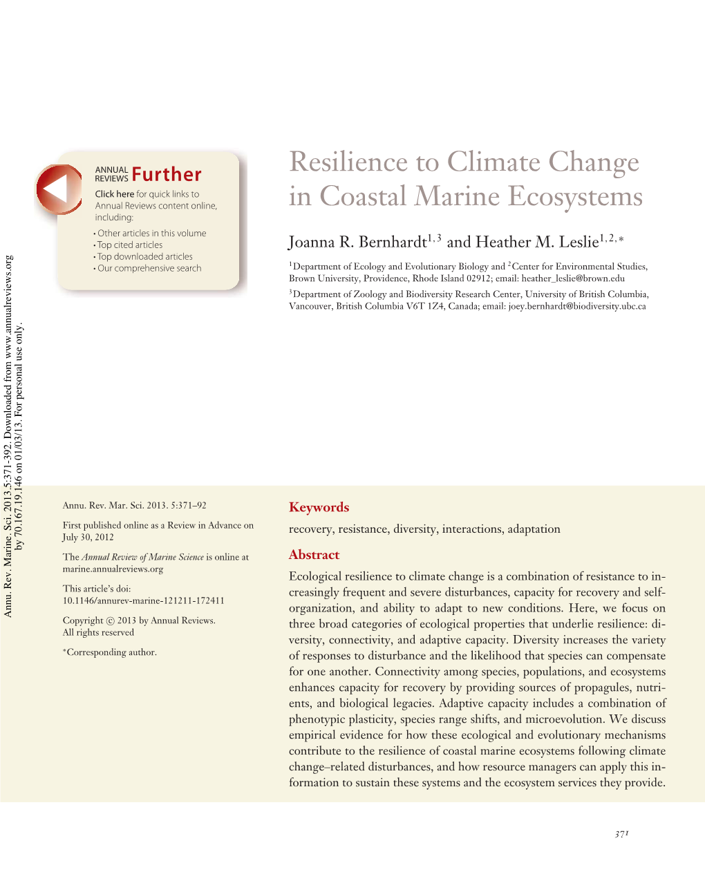 Resilience to Climate Change in Coastal Marine Ecosystems