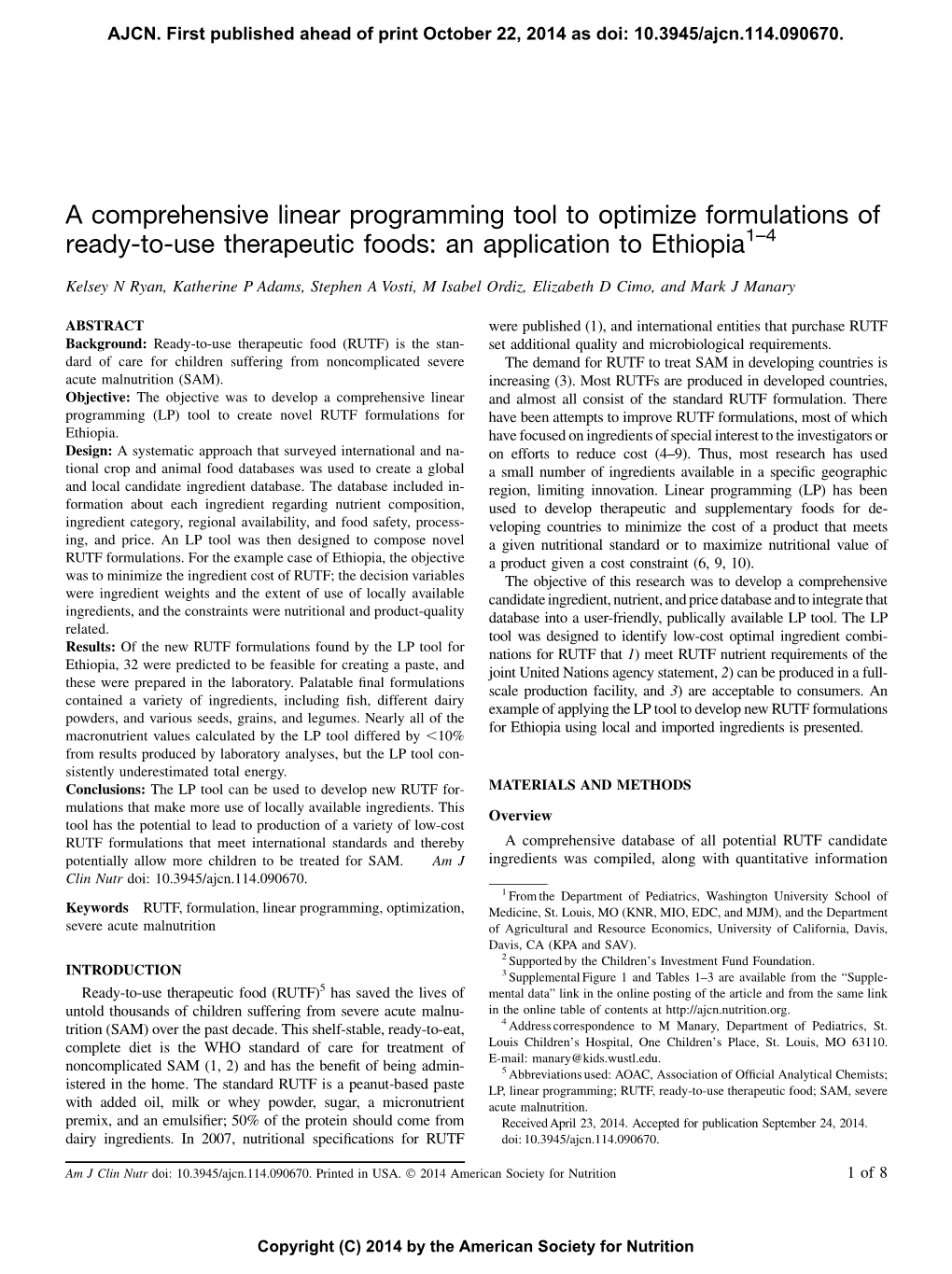 A Comprehensive Linear Programming Tool to Optimize Formulations of Ready-To-Use Therapeutic Foods: an Application to Ethiopia1–4
