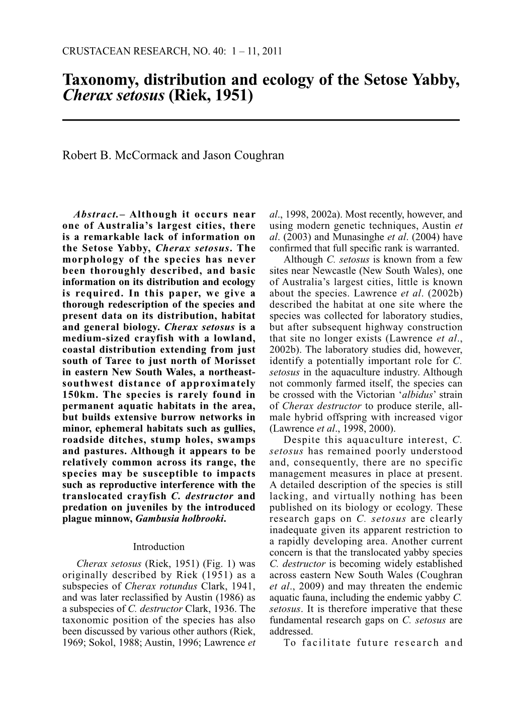 Taxonomy, Distribution and Ecology of the Setose Yabby, Cherax Setosus (Riek, 1951)