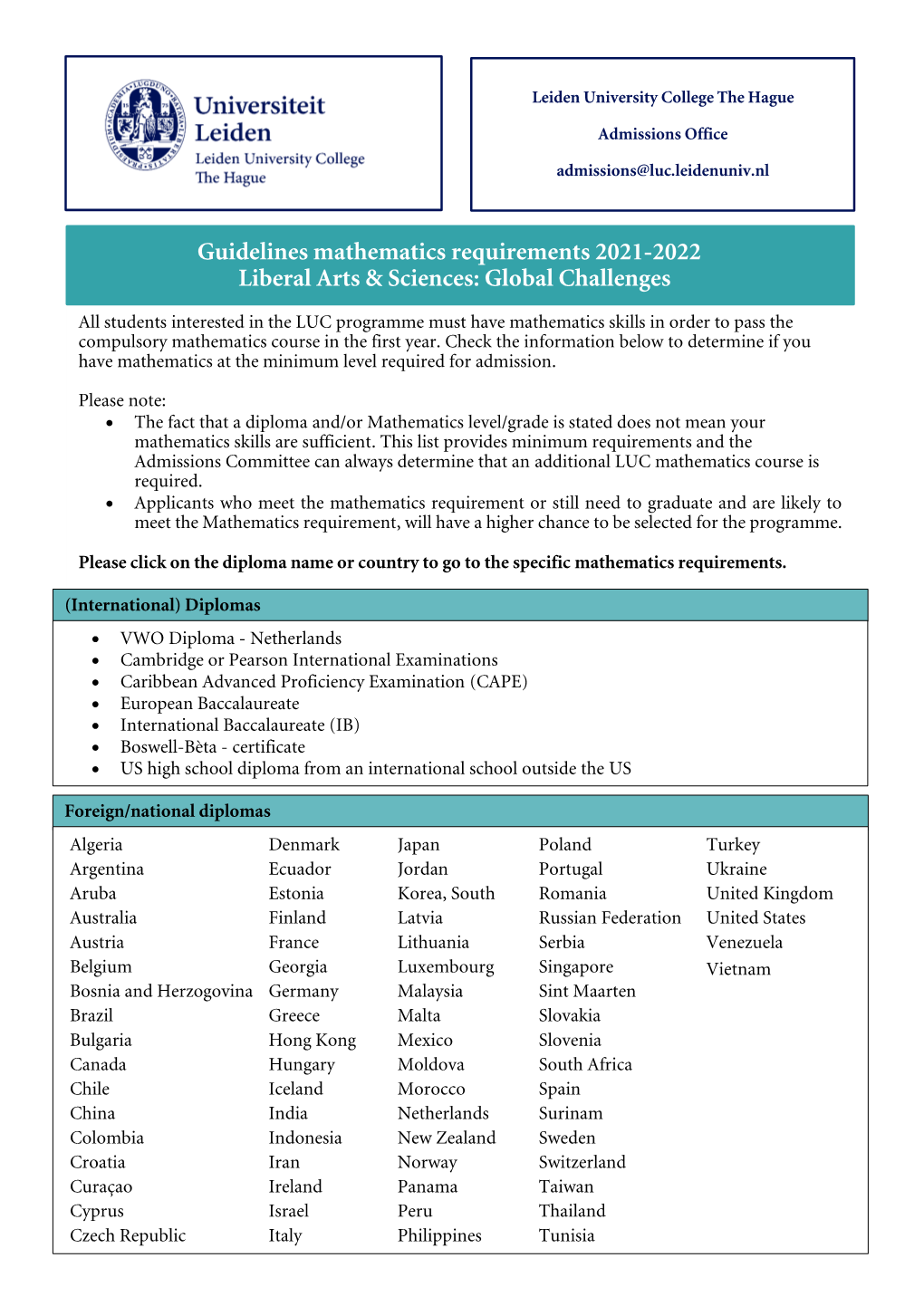 Guidelines Mathematics Requirements 2021-2022 Liberal Arts & Sciences