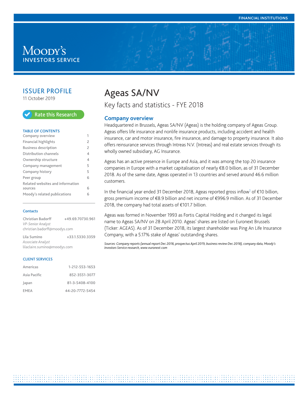 Ageas SA/NV 11 October 2019 Key Facts and Statistics - FYE 2018