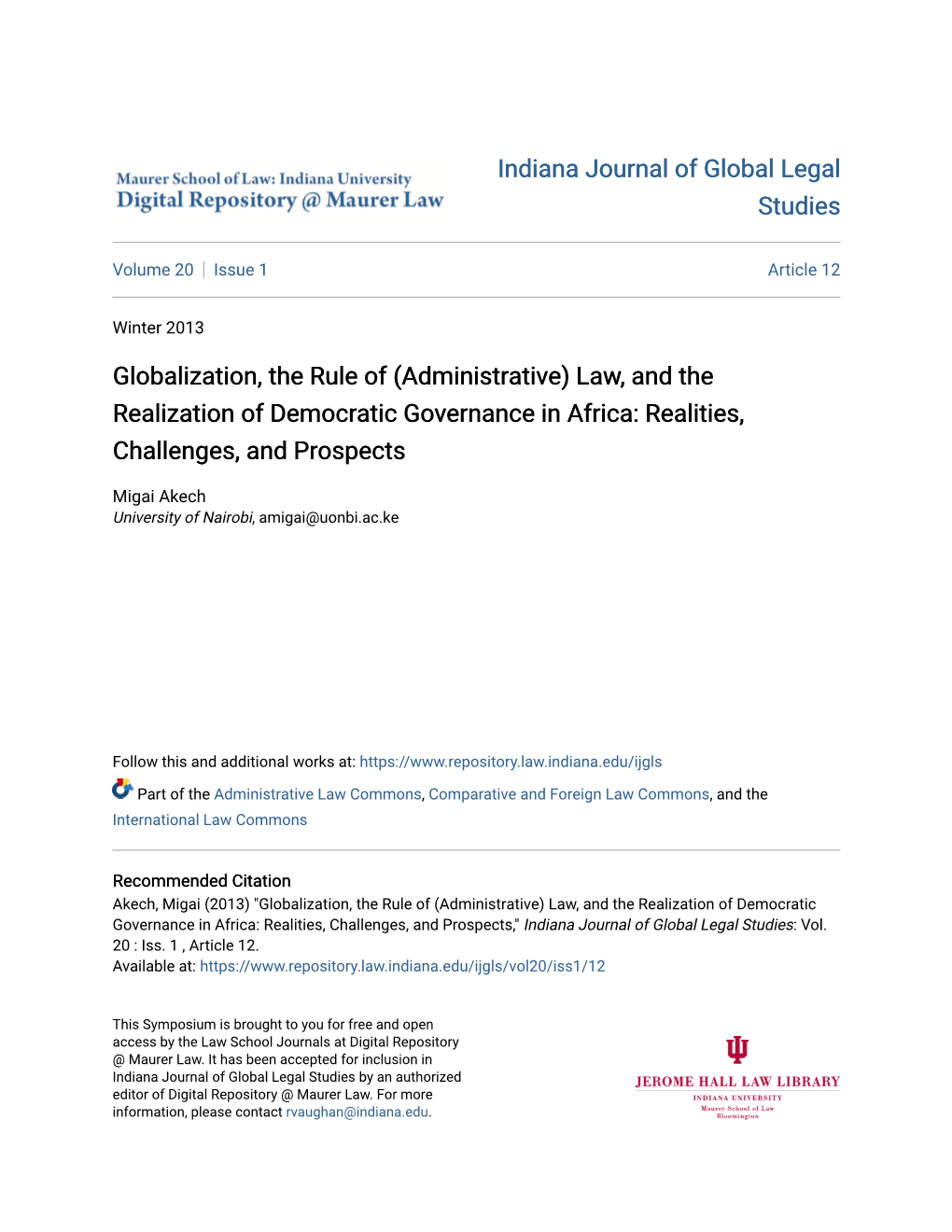 (Administrative) Law, and the Realization of Democratic Governance in Africa: Realities, Challenges, and Prospects