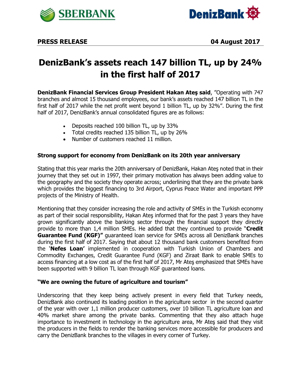 Denizbank's Assets Reach 147 Billion TL, up by 24% in the First Half of 2017