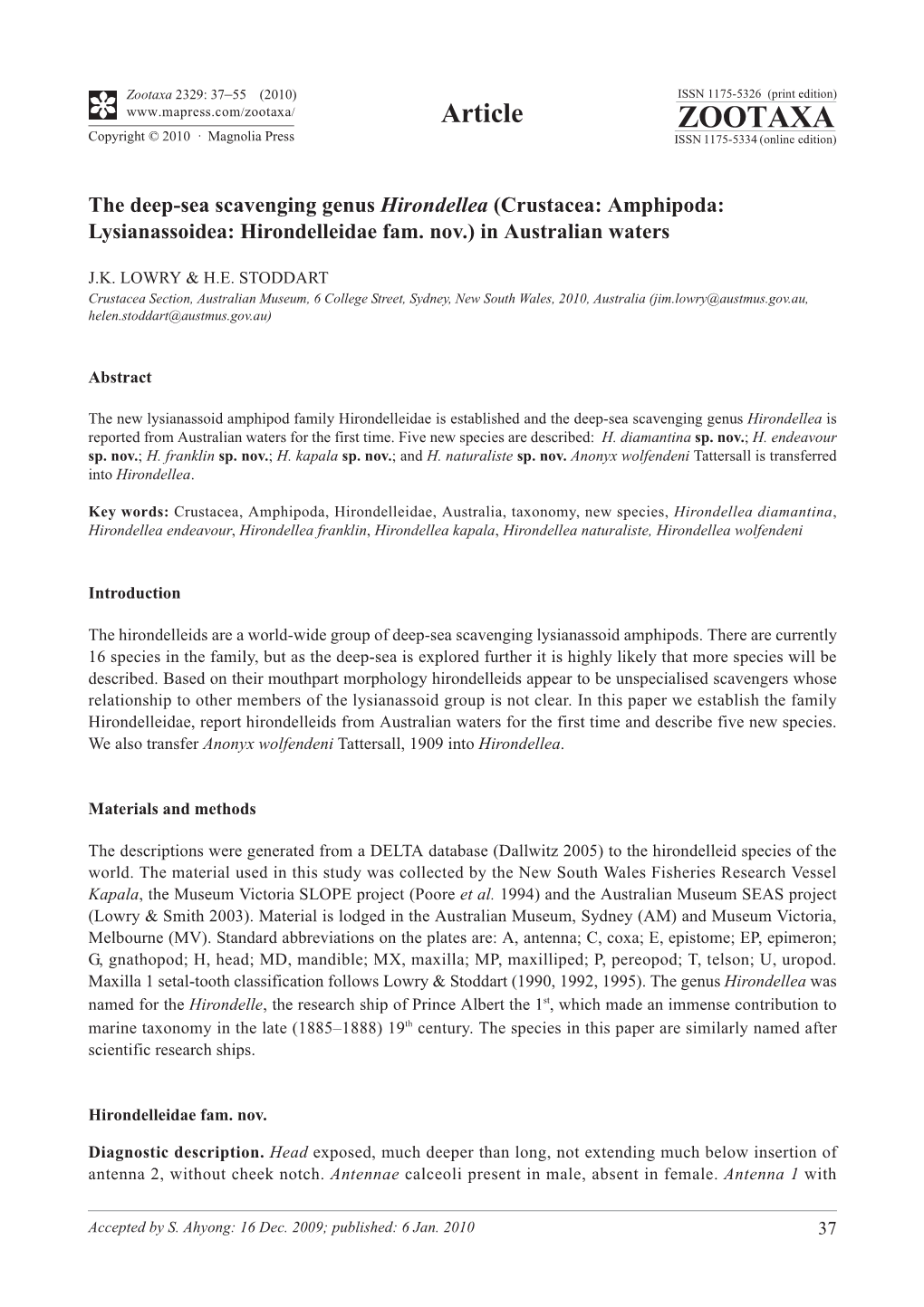 Zootaxa 2329: 37–55 (2010) ISSN 1175-5326 (Print Edition) Article ZOOTAXA Copyright © 2010 · Magnolia Press ISSN 1175-5334 (Online Edition)