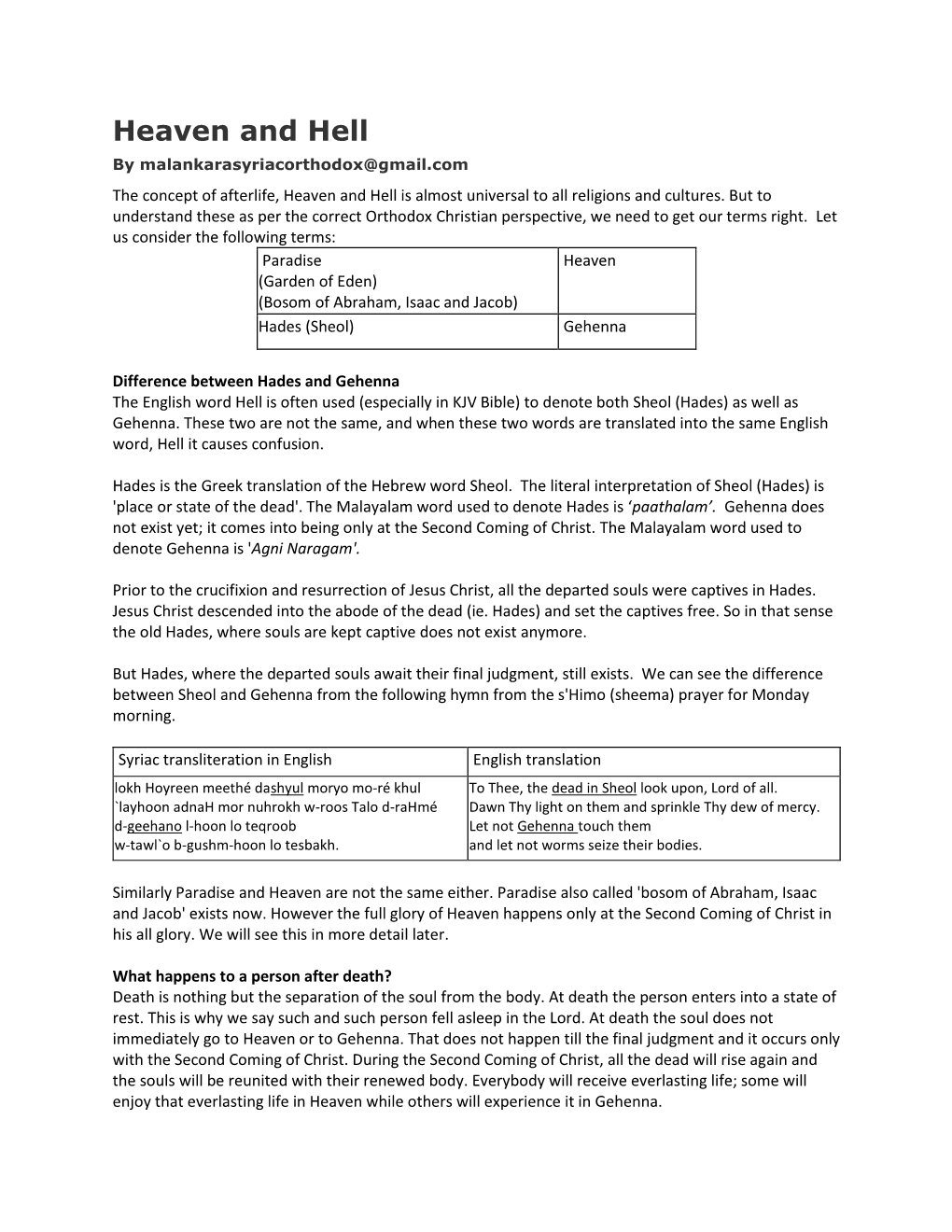 Heaven and Hell by Malankarasyriacorthodox@Gmail.Com the Concept of Afterlife, Heaven and Hell Is Almost Universal to All Religions and Cultures