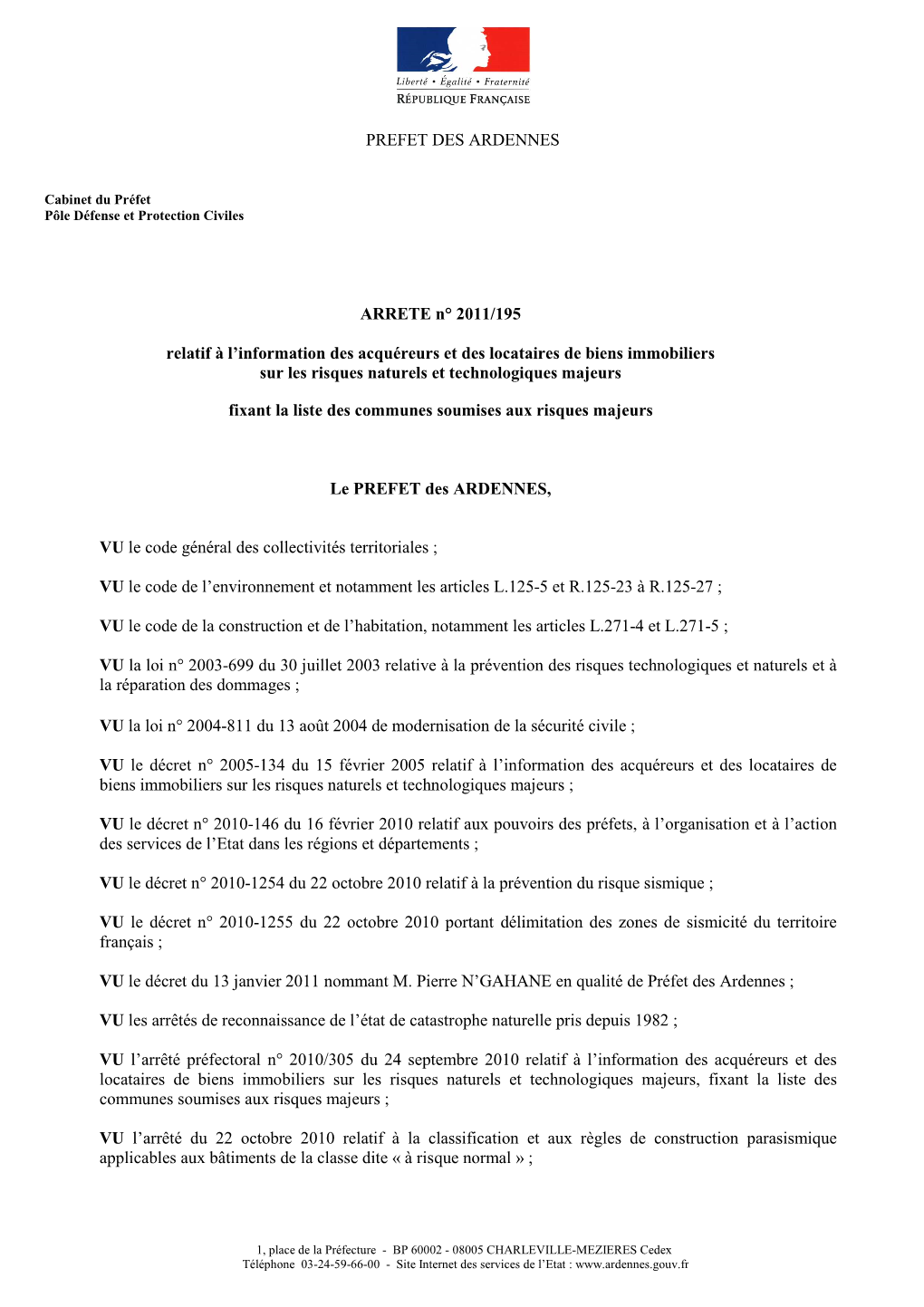 PREFET DES ARDENNES ARRETE N° 2011/195 Relatif À L'information