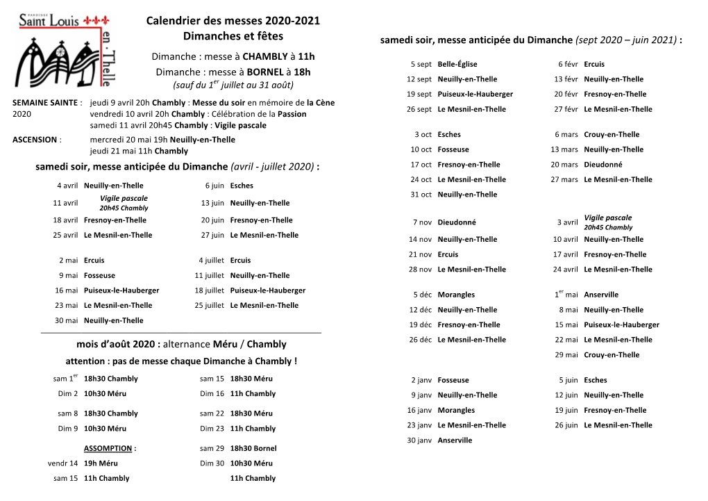 Calendrier Des Messes 2020-2021 Dimanches Et Fêtes Samedi Soir, Messe Anticipée Du Dimanche (Sept 2020 – Juin 2021)