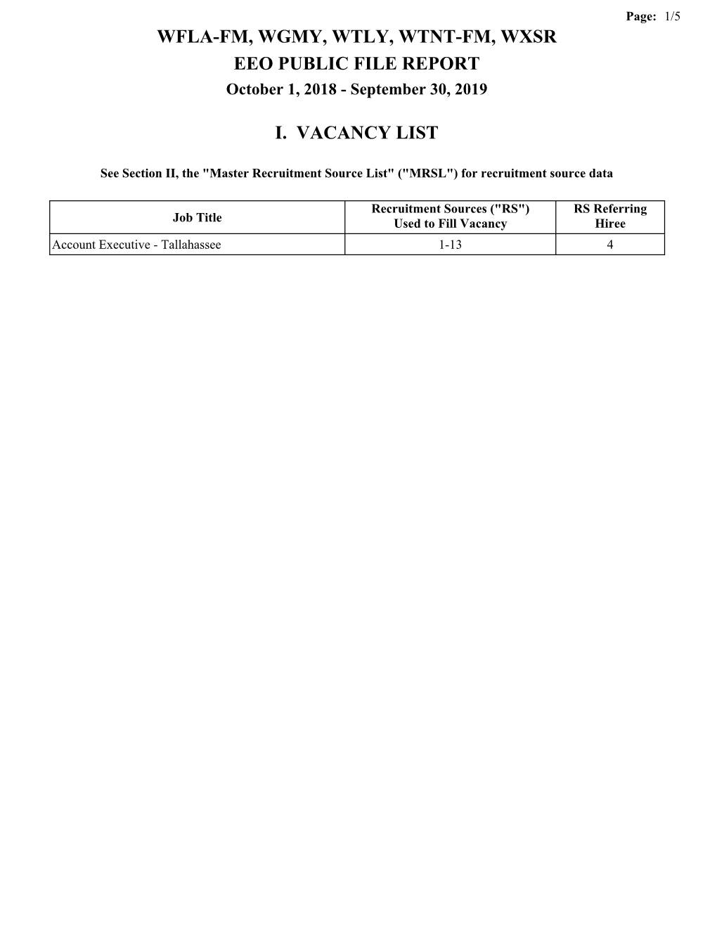 WFLA-FM, WGMY, WTLY, WTNT-FM, WXSR EEO PUBLIC FILE REPORT October 1, 2018 - September 30, 2019