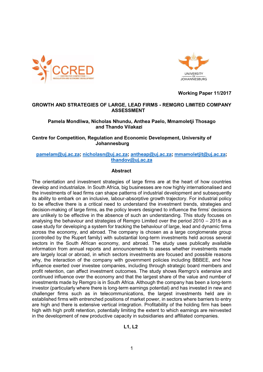 1 Working Paper 11/2017 GROWTH and STRATEGIES of LARGE, LEAD FIRMS