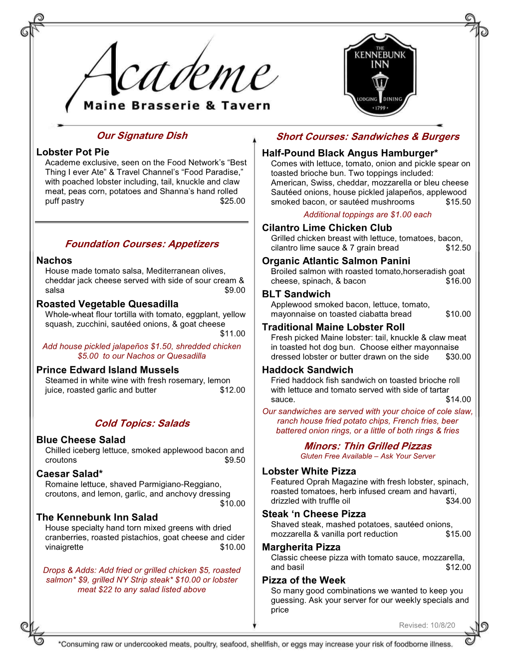 Kennebunk Maine Restaurant Lunch Menu