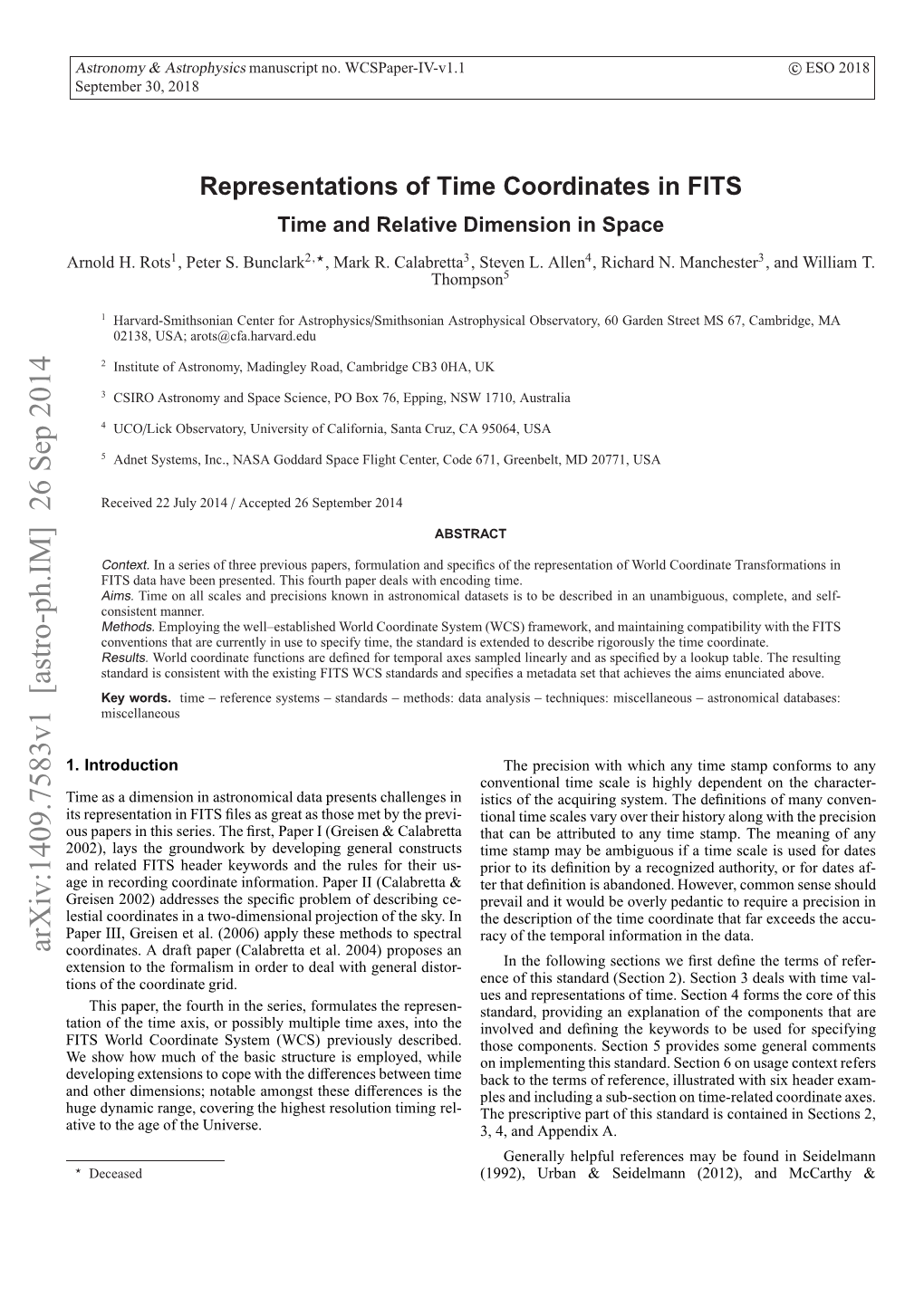 Representations of Time Coordinates in FITS