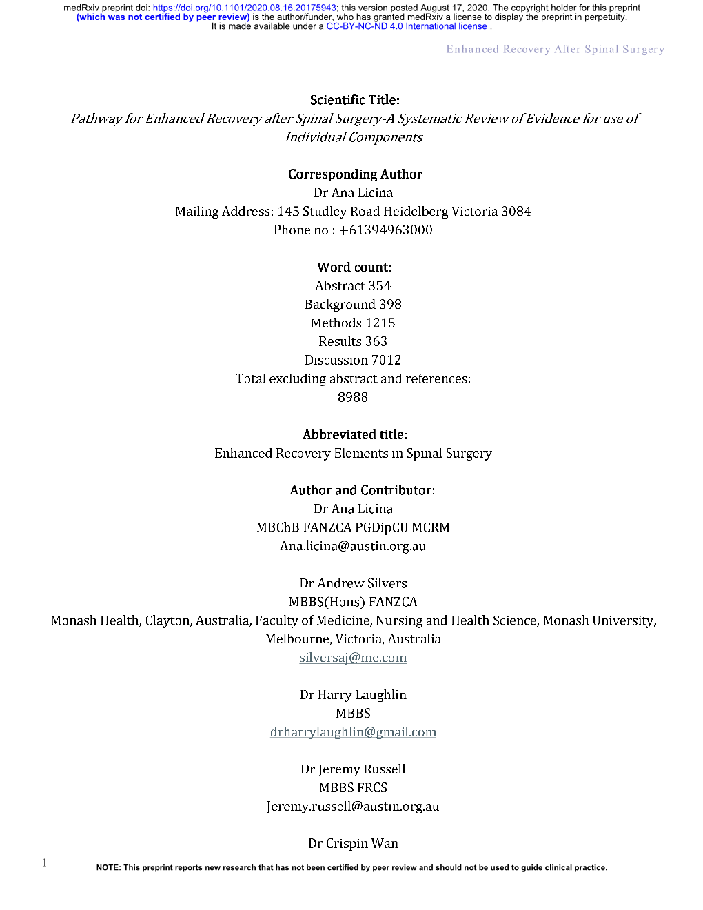 Pathway for Enhanced Recovery After Spinal Surgery-A Systematic Review of Evidence for Use of Individual Components