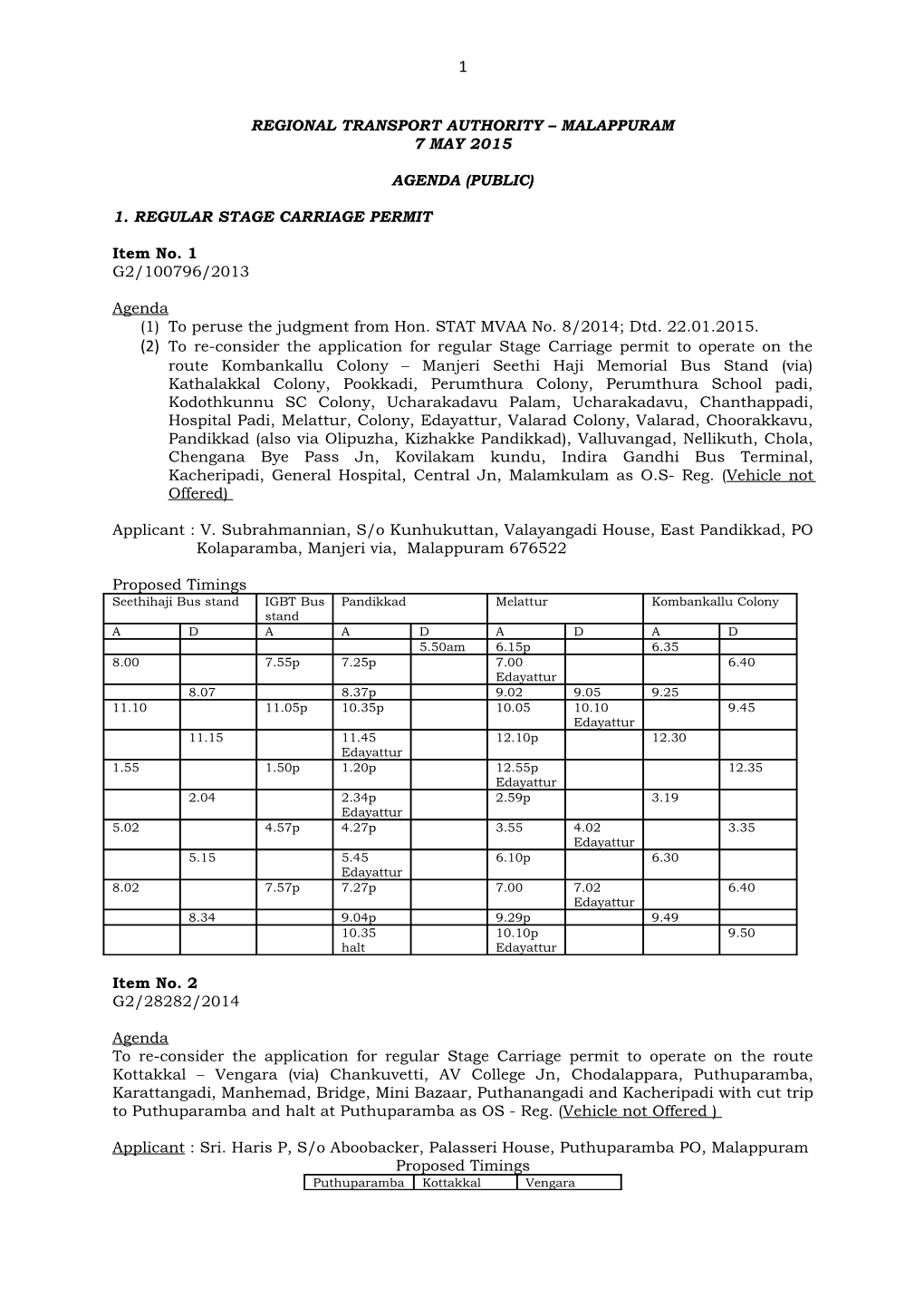 Regional Transport Authority – Malappuram 7 May 2015