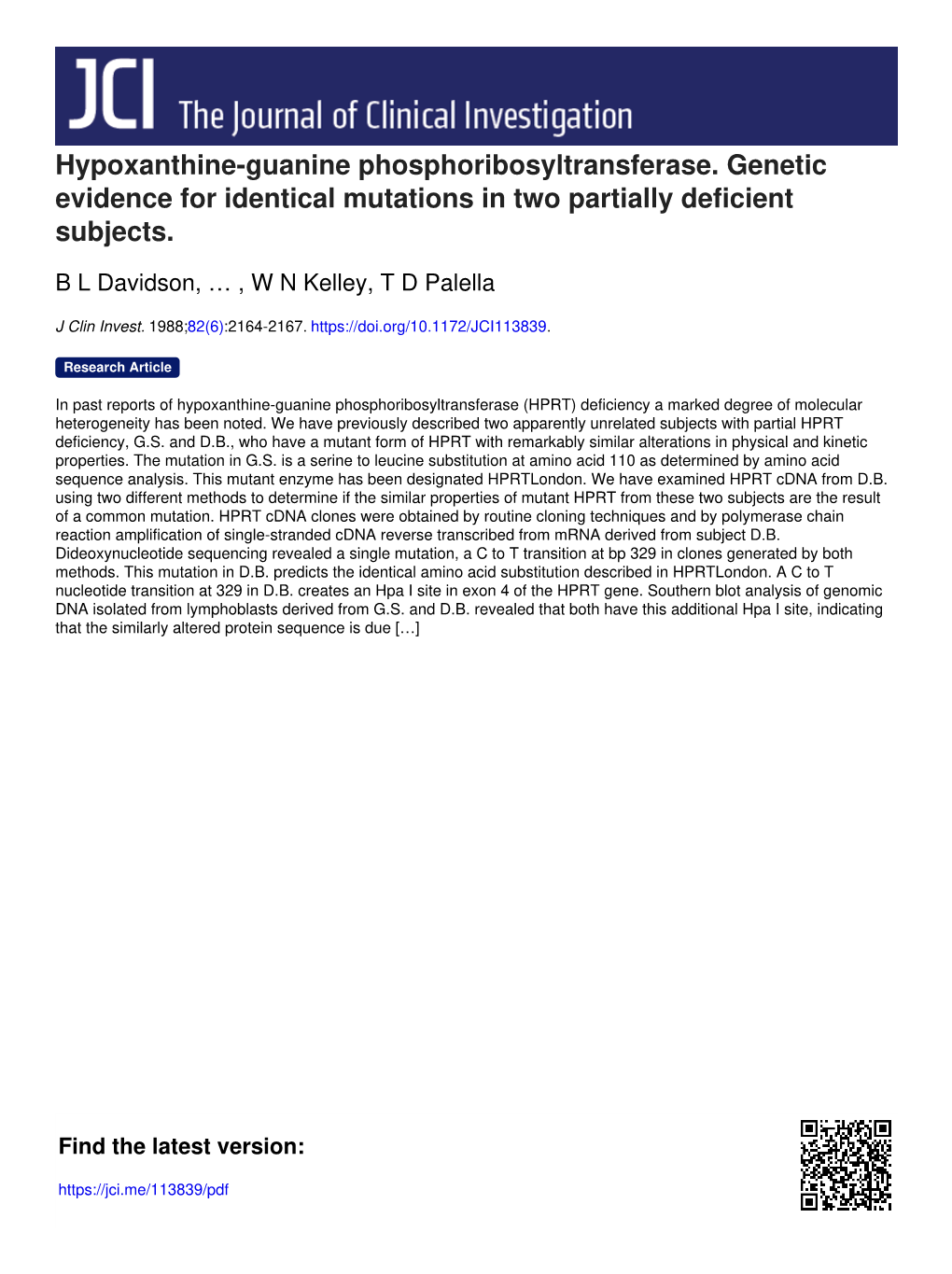 Hypoxanthine-Guanine Phosphoribosyltransferase. Genetic Evidence for Identical Mutations in Two Partially Deficient Subjects