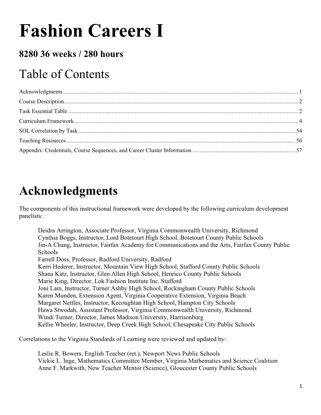 Fashion Careers I 8280 36 Weeks / 280 Hours Table of Contents