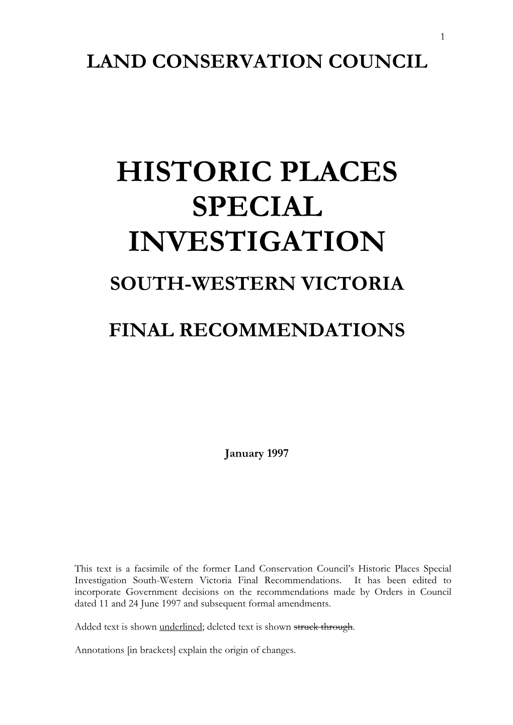 Historic Places Special Investigation South-Western Victoria