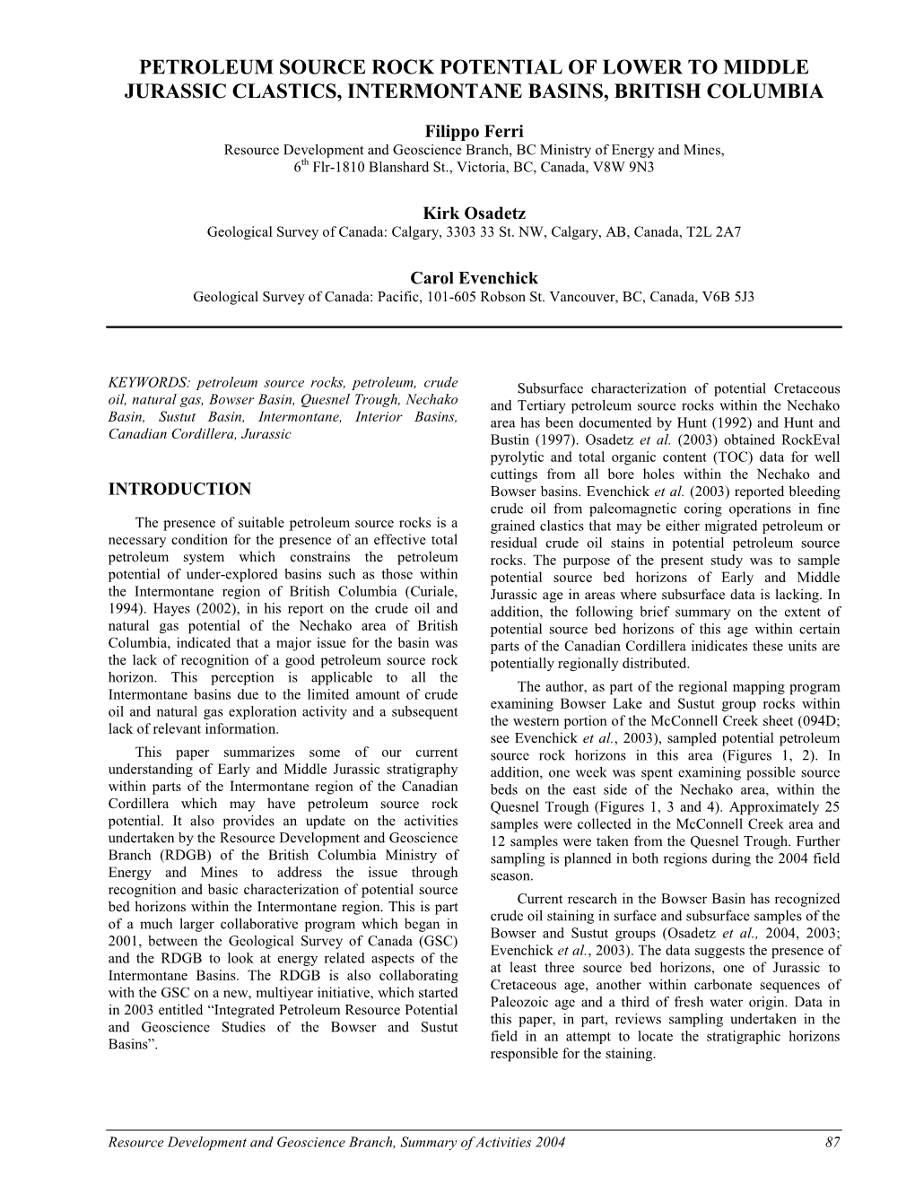 Petroleum Source Rock Potential of Lower to Middle Jurassic Clastics, Intermontane Basins, British Columbia