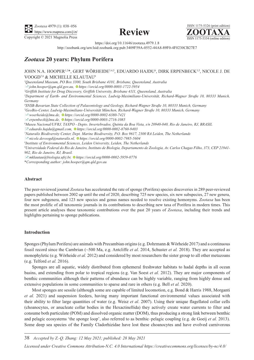 Zootaxa 20 Years: Phylum Porifera