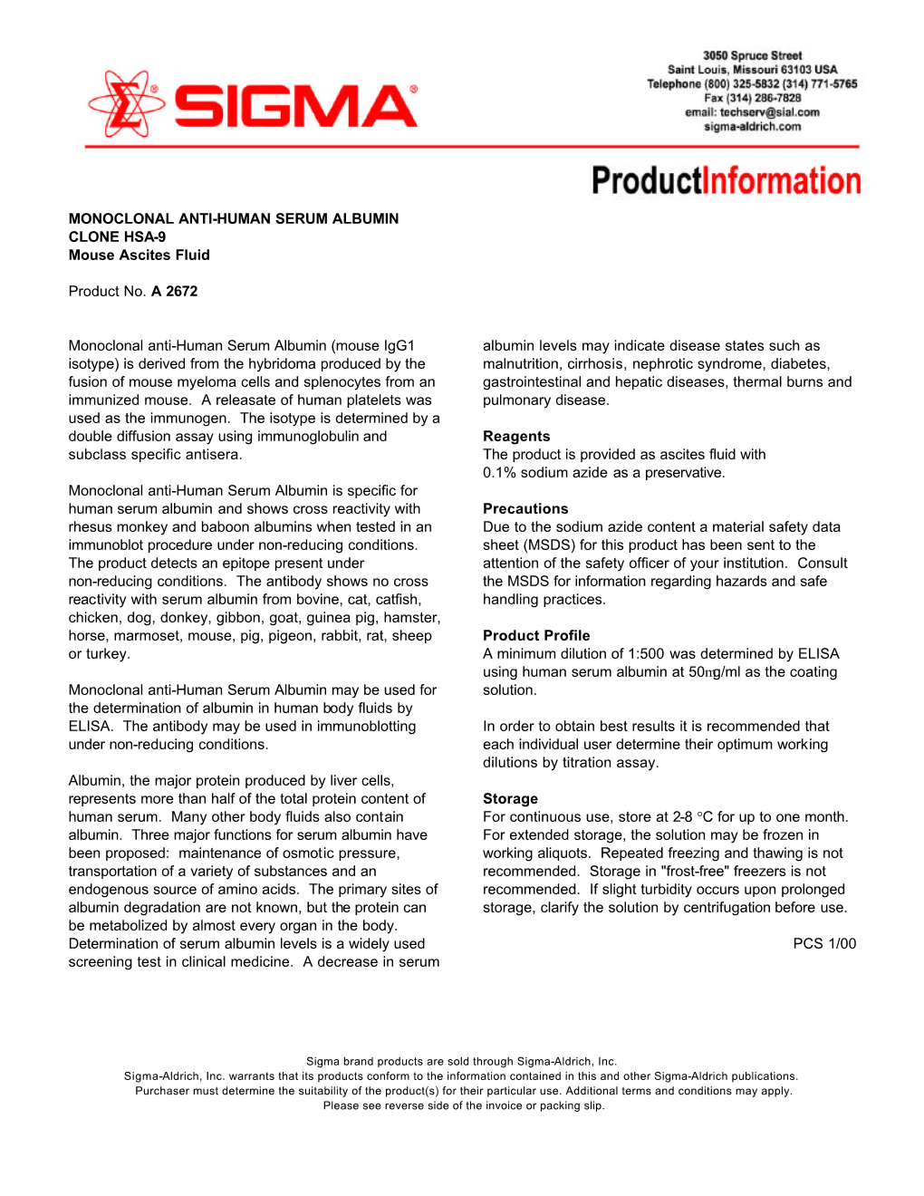 Monoclonal Anti-Albumin Antibody Produced in Mouse (A2672