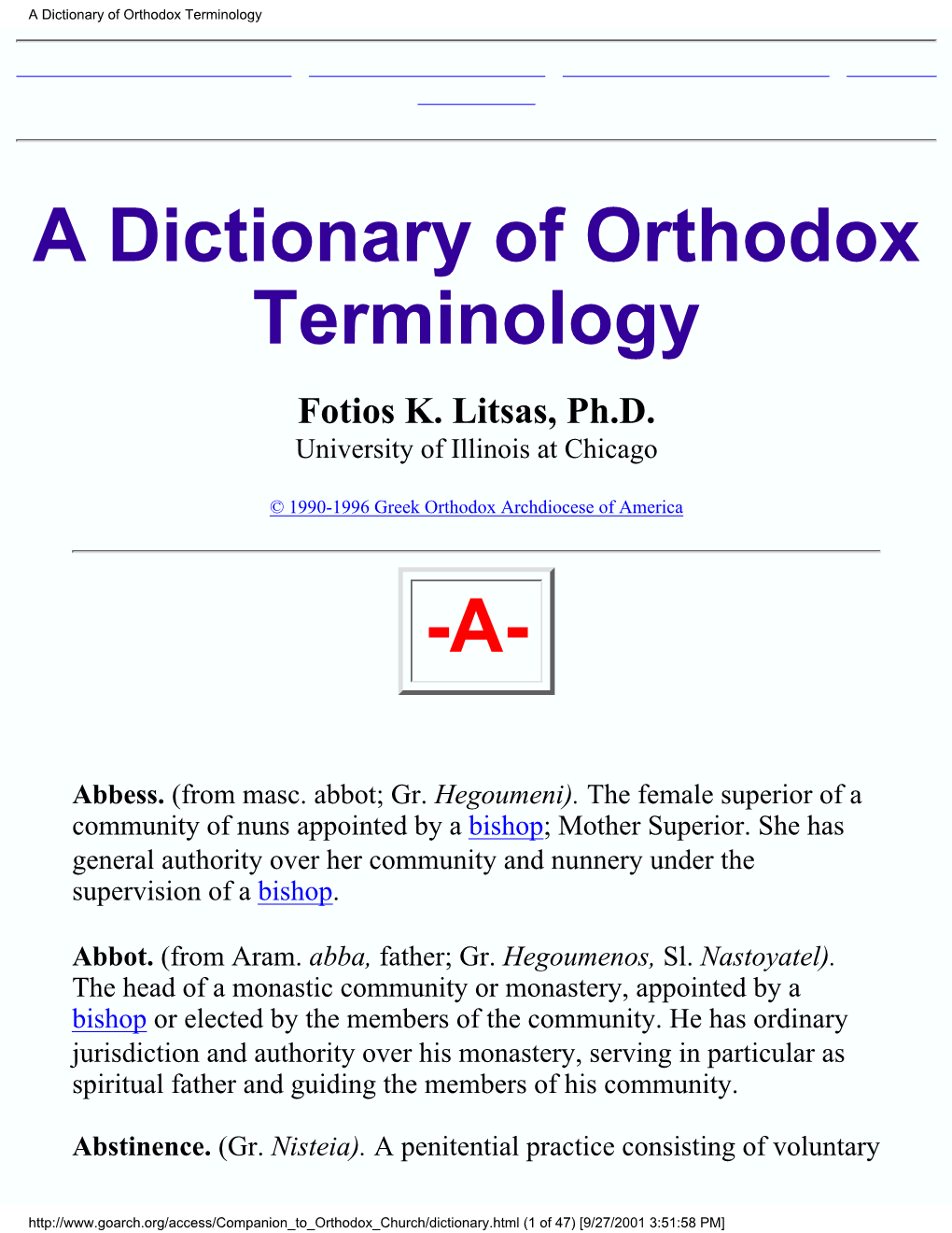 A Dictionary of Orthodox Terminology