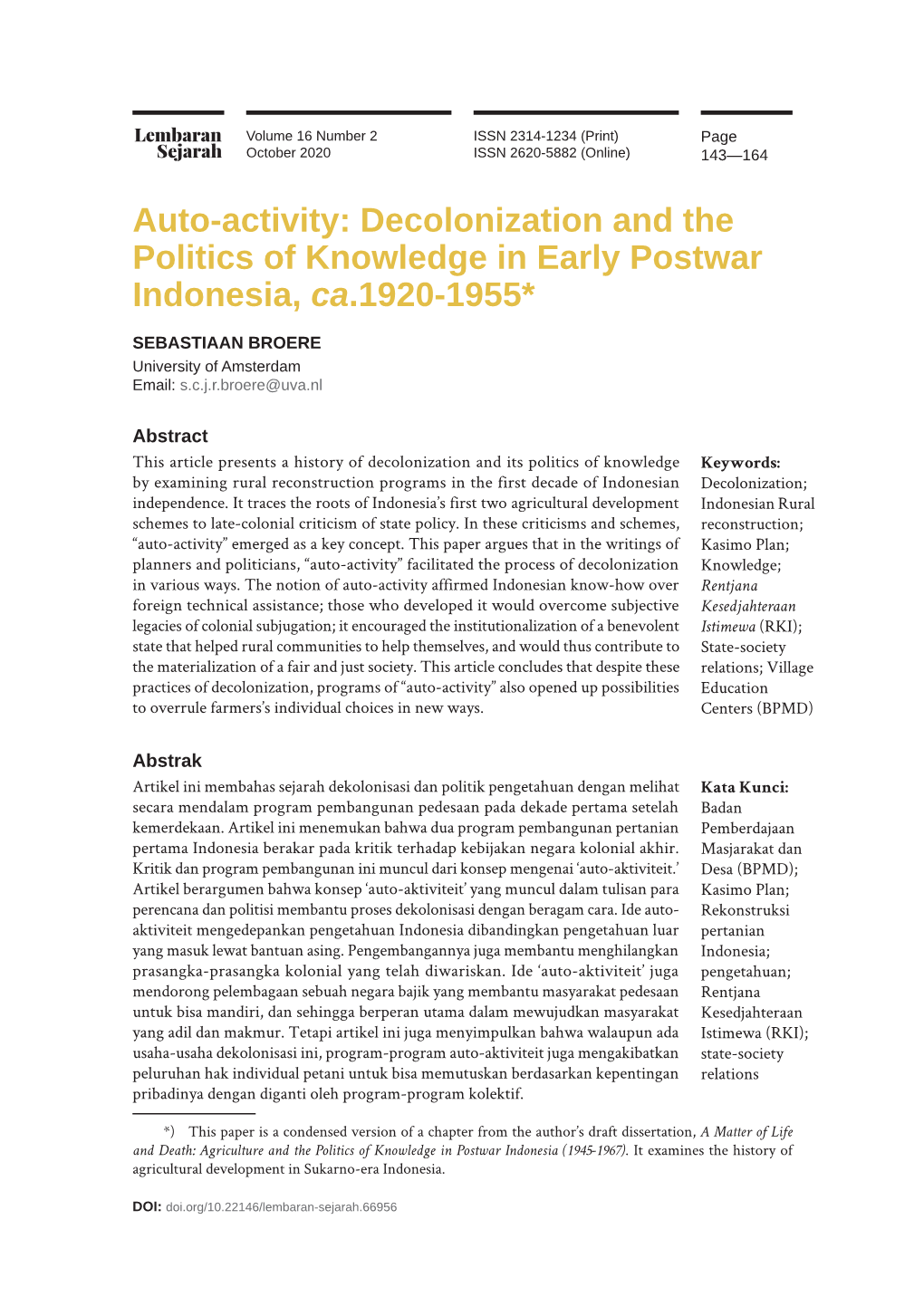 Auto-Activity: Decolonization and the Politics of Knowledge in Early Postwar Indonesia, Ca.1920-1955*