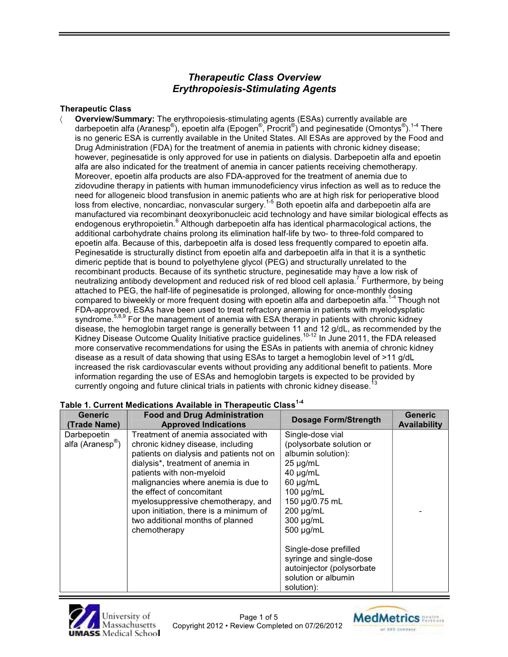 Therapeutic Class Overview Erythropoiesis-Stimulating Agents