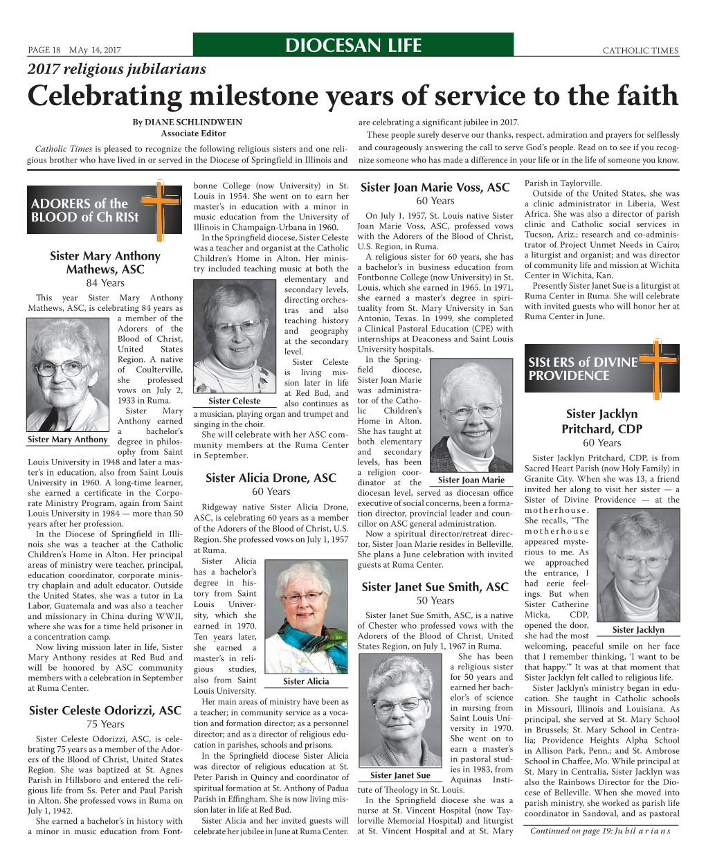 Celebrating Milestone Years of Service to the Faith by DIANE SCHLINDWEIN Are Celebrating a Significant Jubilee in 2017