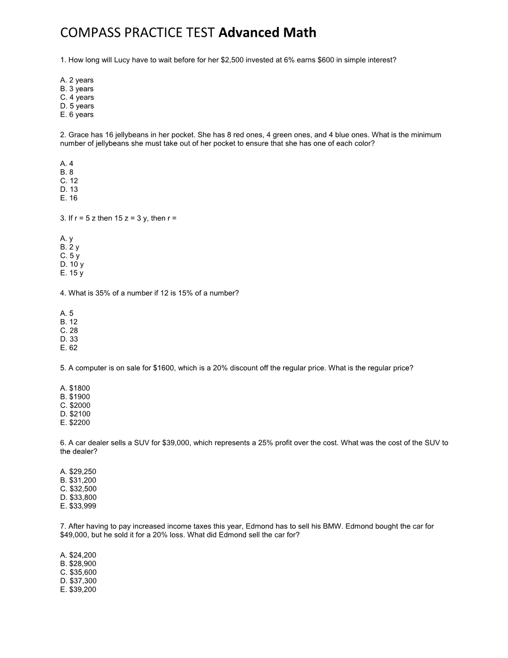 COMPASS PRACTICE TEST Advanced Math