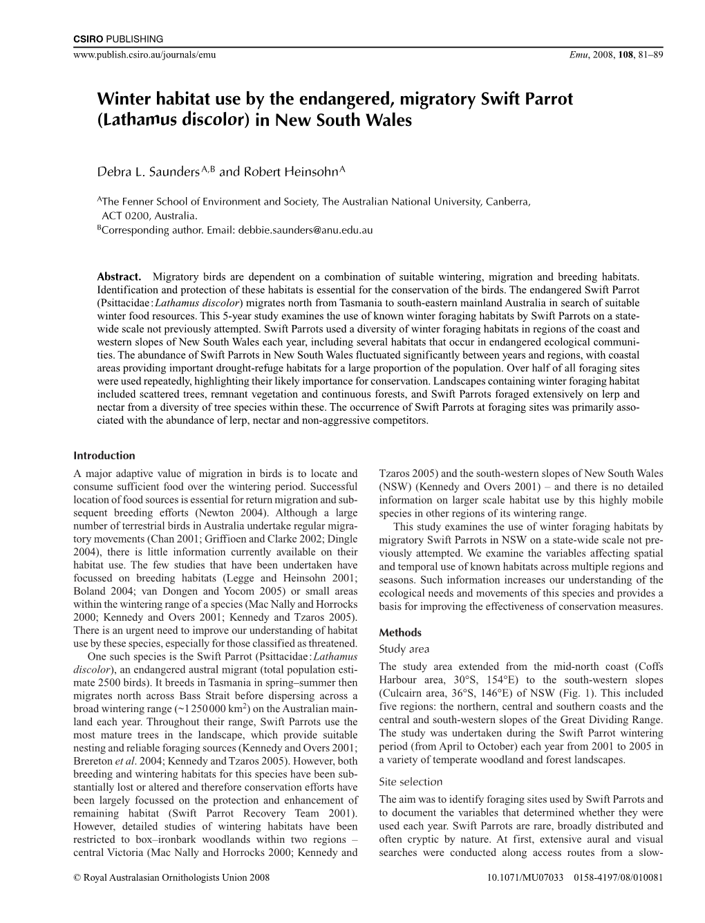 Winter Habitat Use by the Endangered, Migratory Swift Parrot (Lathamus Discolor) in New South Wales