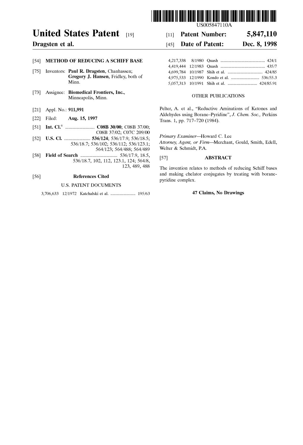 United States Patent (19) 11 Patent Number: 5,847,110 Dragsten Et Al