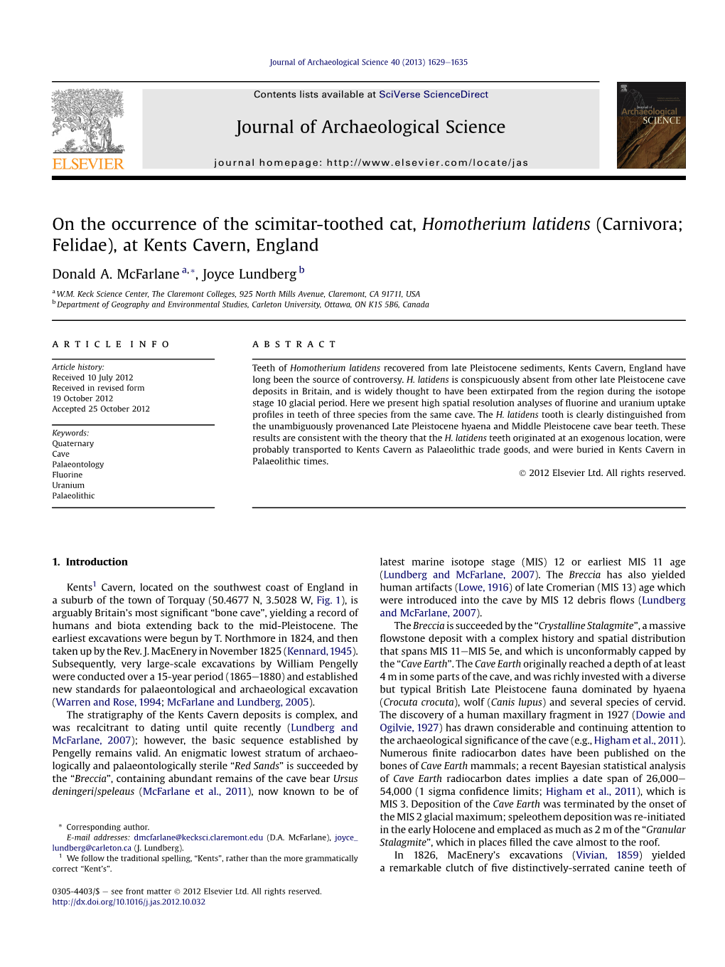 On the Occurrence of the Scimitar-Toothed Cat, Homotherium Latidens (Carnivora; Felidae), at Kents Cavern, England