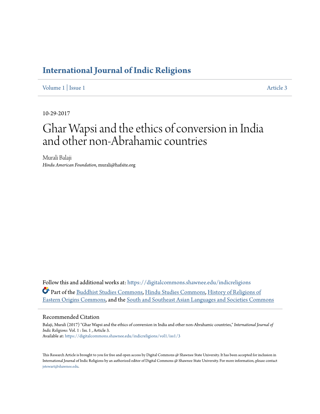 Ghar Wapsi and the Ethics of Conversion in India and Other Non-Abrahamic Countries Murali Balaji Hindu American Foundation, Murali@Hafsite.Org