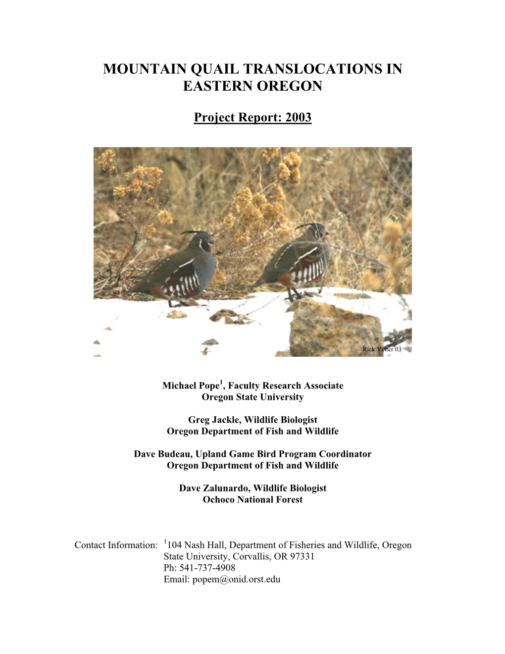 Mountain Quail Translocations in Eastern Oregon