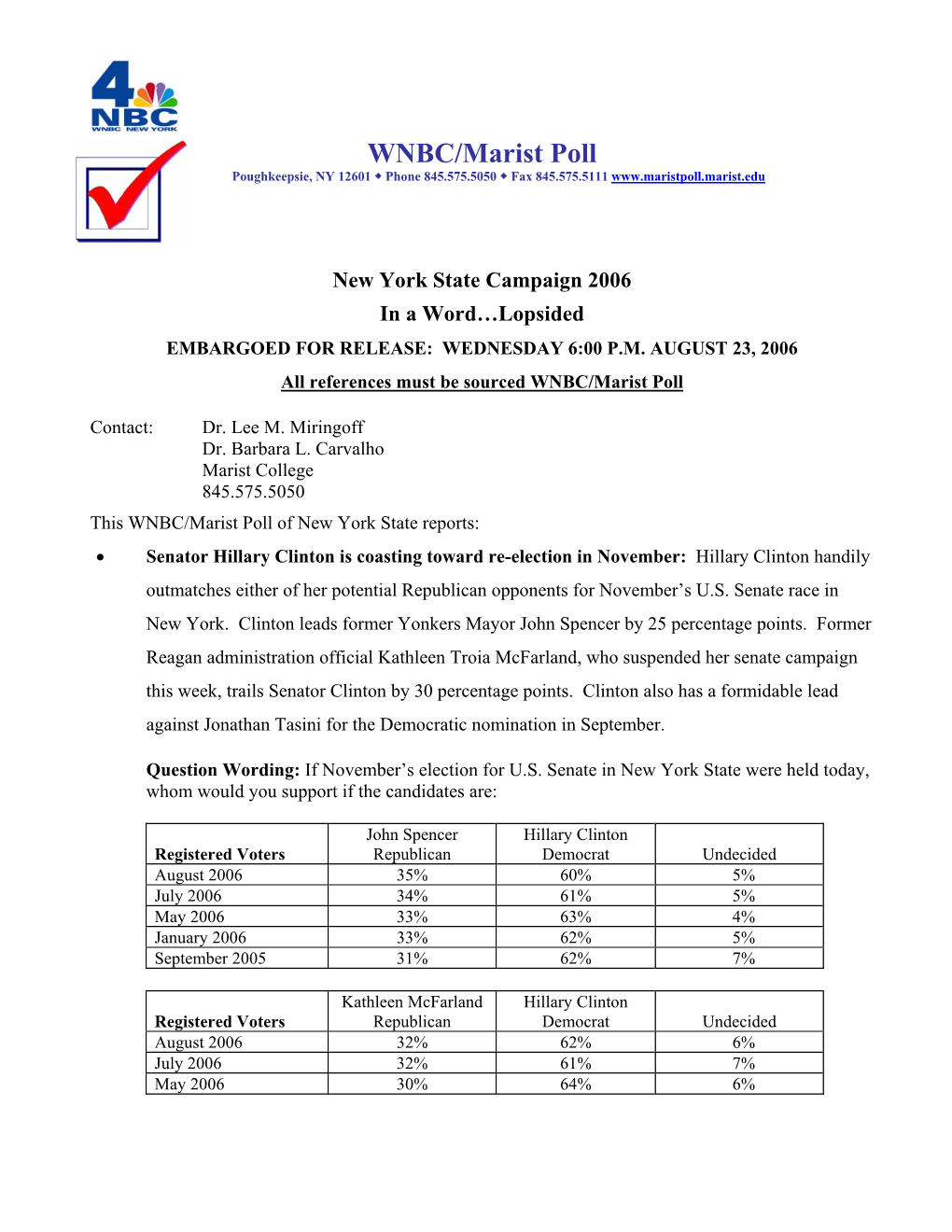 WNBC/Marist Poll NYS Campaign 2006