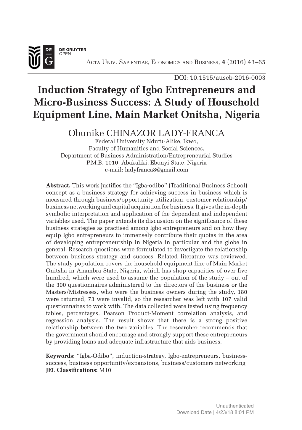 Induction Strategy of Igbo Entrepreneurs and Micro-Business Success