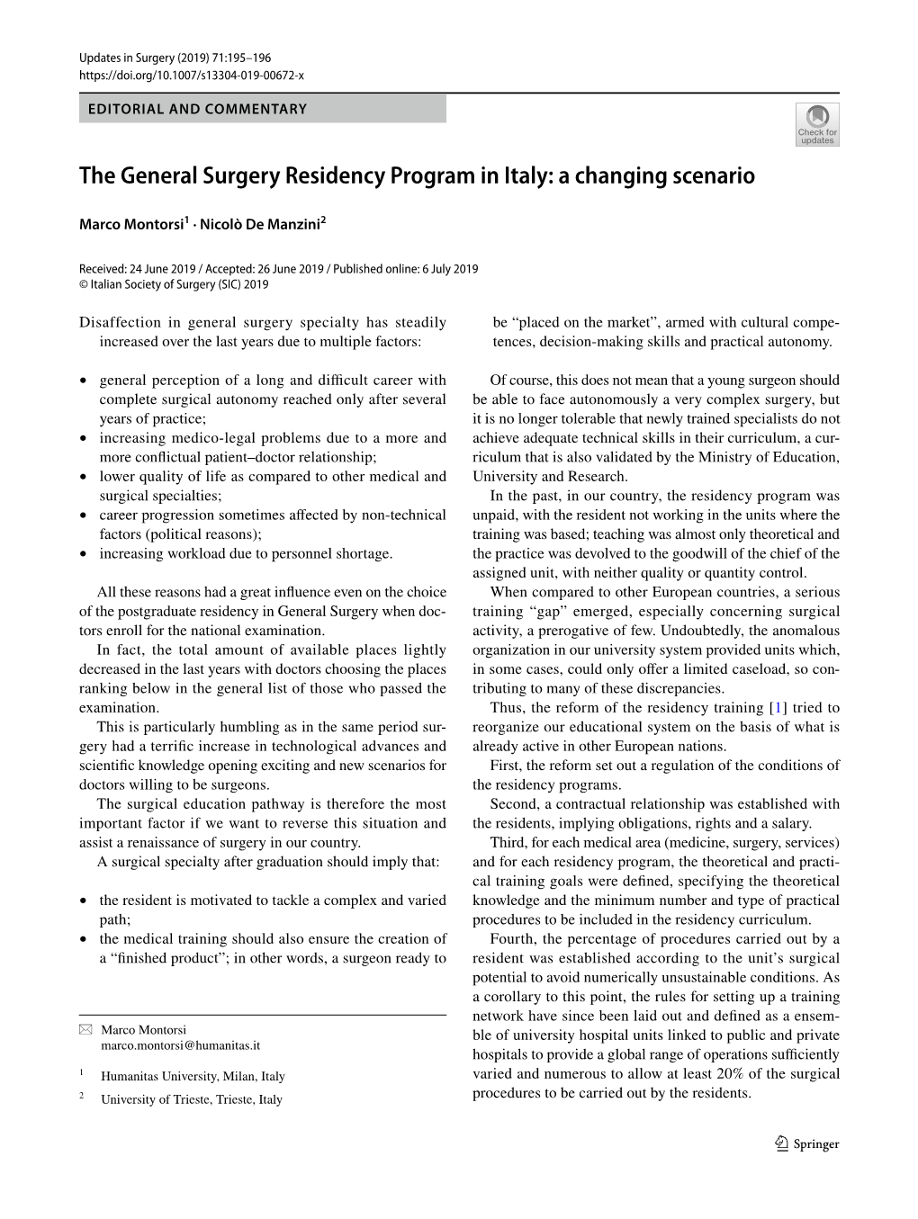 The General Surgery Residency Program in Italy: a Changing Scenario