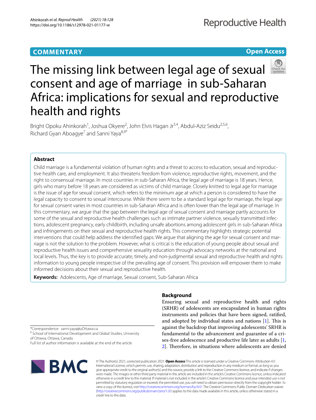 The Missing Link Between Legal Age of Sexual Consent and Age of Marriage