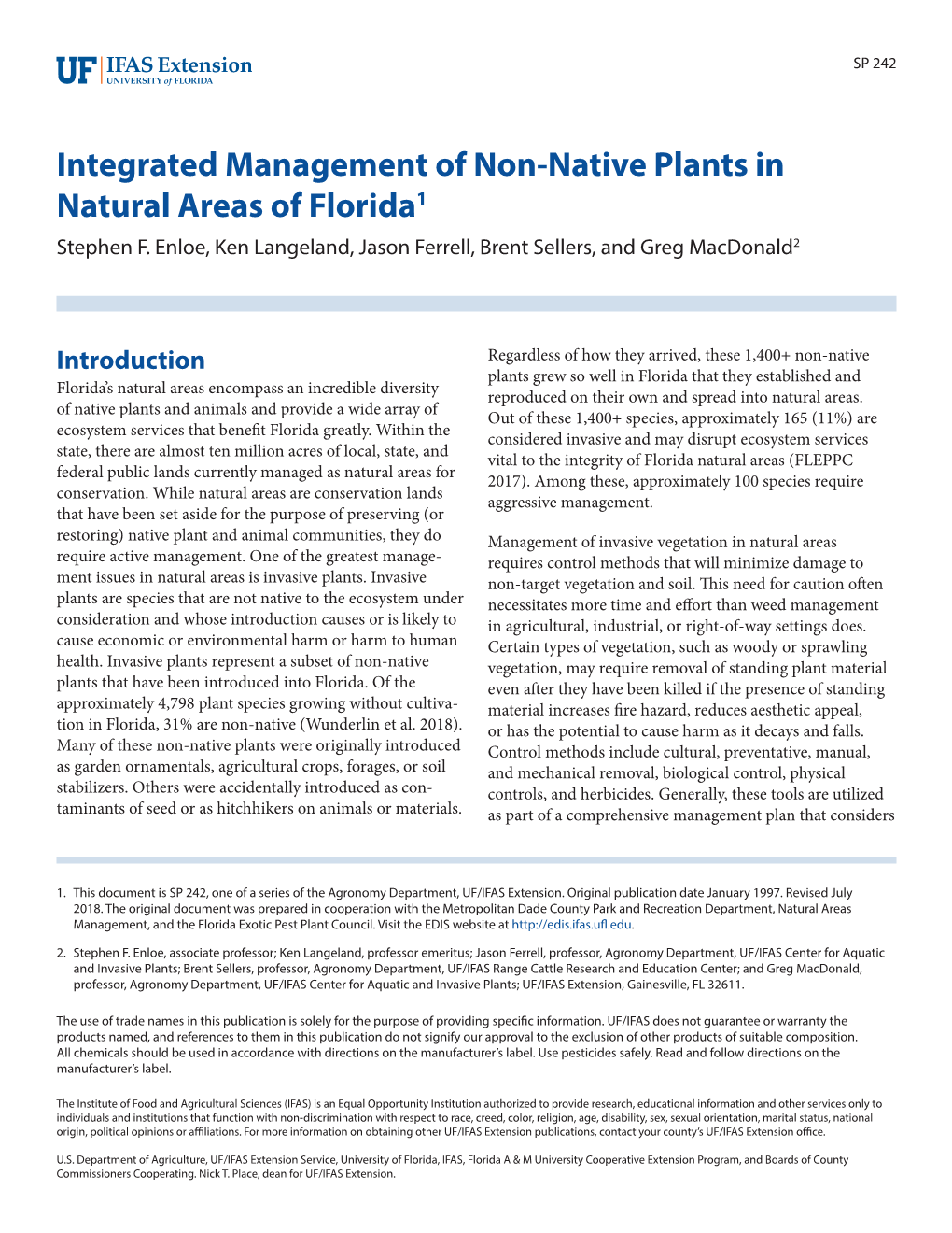 Integrated Management of Non-Native Plants in Natural Areas of Florida1 Stephen F