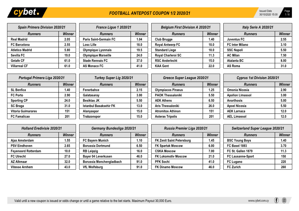 Football Antepost Coupon 1/2 2020/21 30/10/2020 15:00 1 / 6