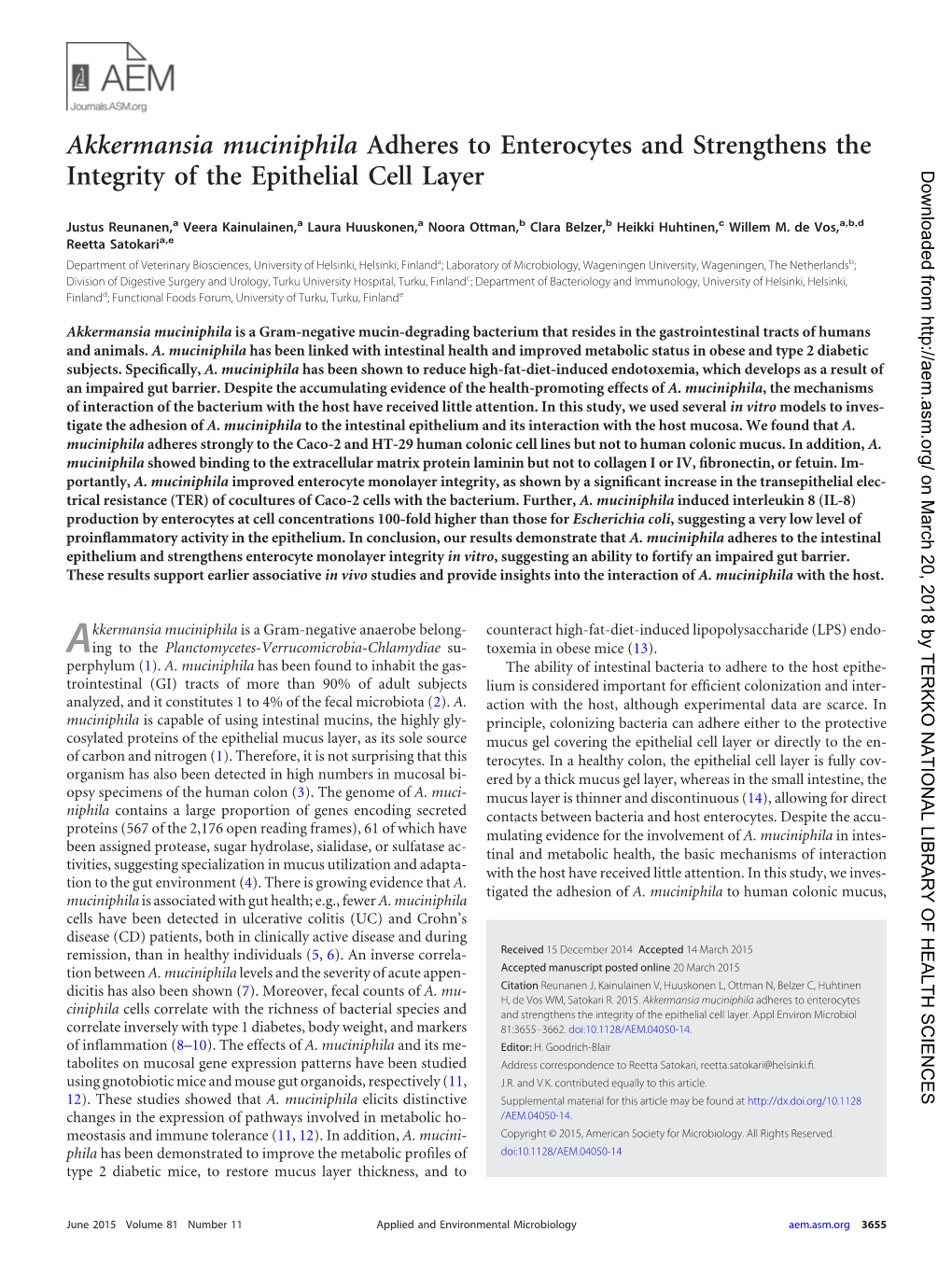 Akkermansia Muciniphila Adheres to Enterocytes and Strengthens the Integrity of the Epithelial Cell Layer Downloaded From