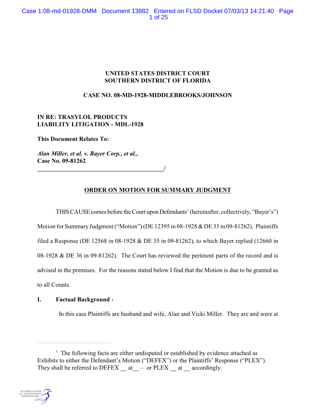 Case 1:08-Md-01928-DMM Document 13882 Entered on FLSD Docket 07/03/13 14:21:40 Page 1 of 25