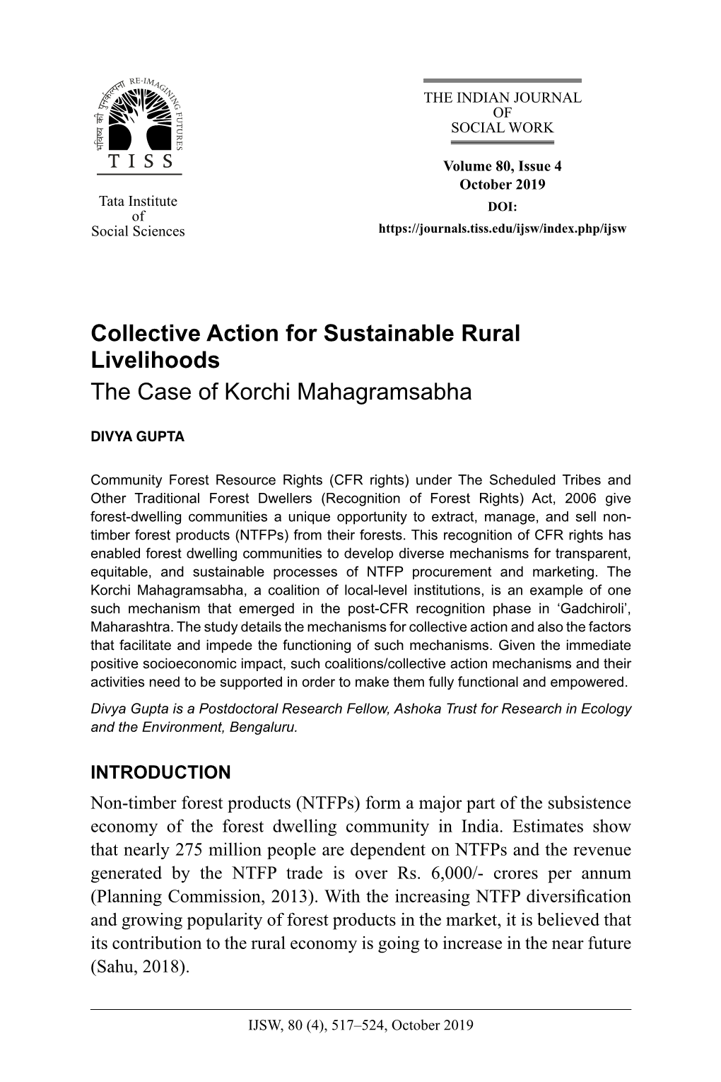 Collective Action for Sustainable Rural Livelihoods the Case of Korchi Mahagramsabha