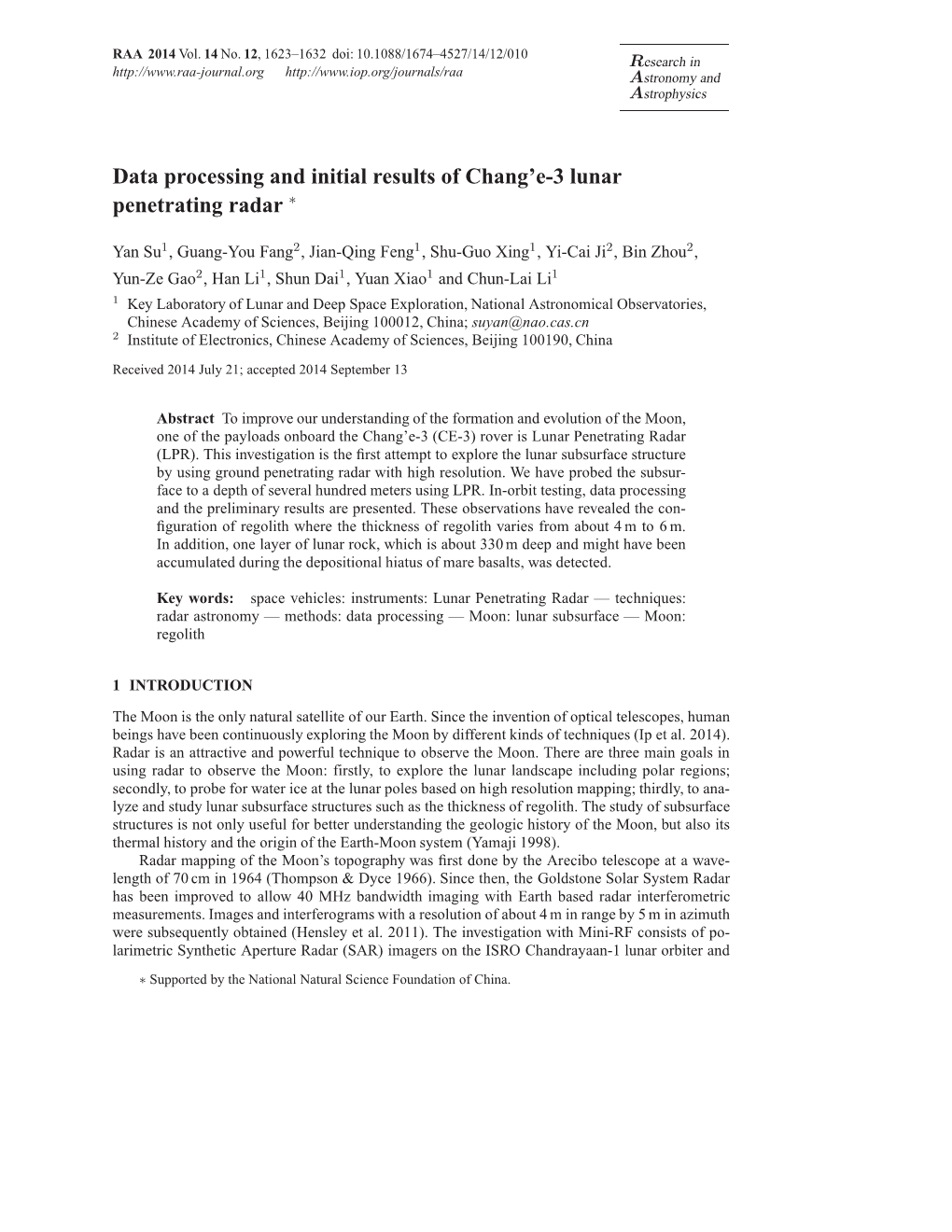 Data Processing and Initial Results of Chang'e-3 Lunar Penetrating Radar ∗