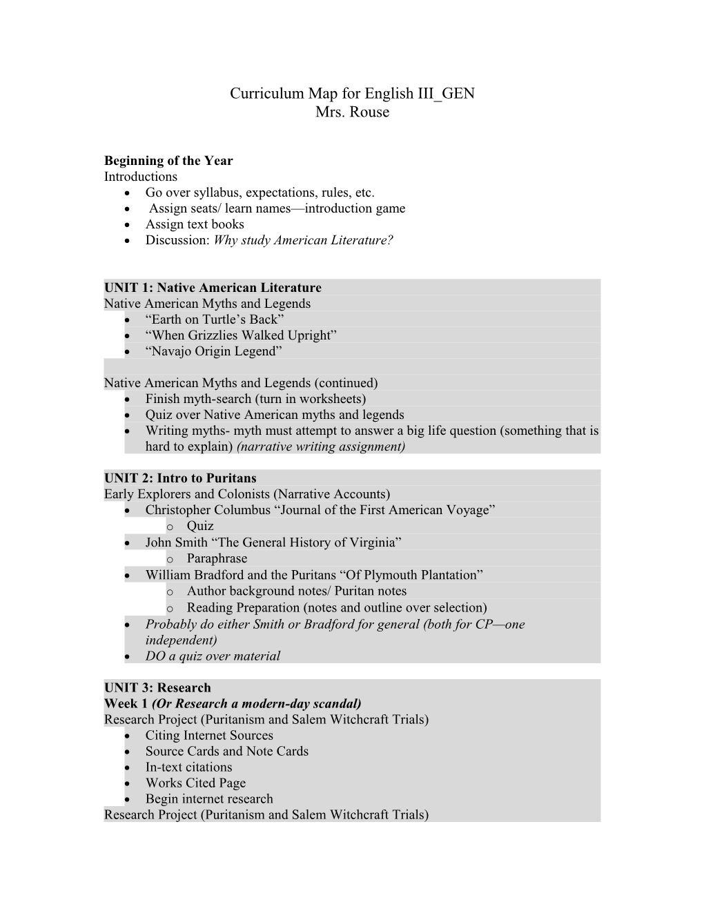 Curriculum Map for English III GEN