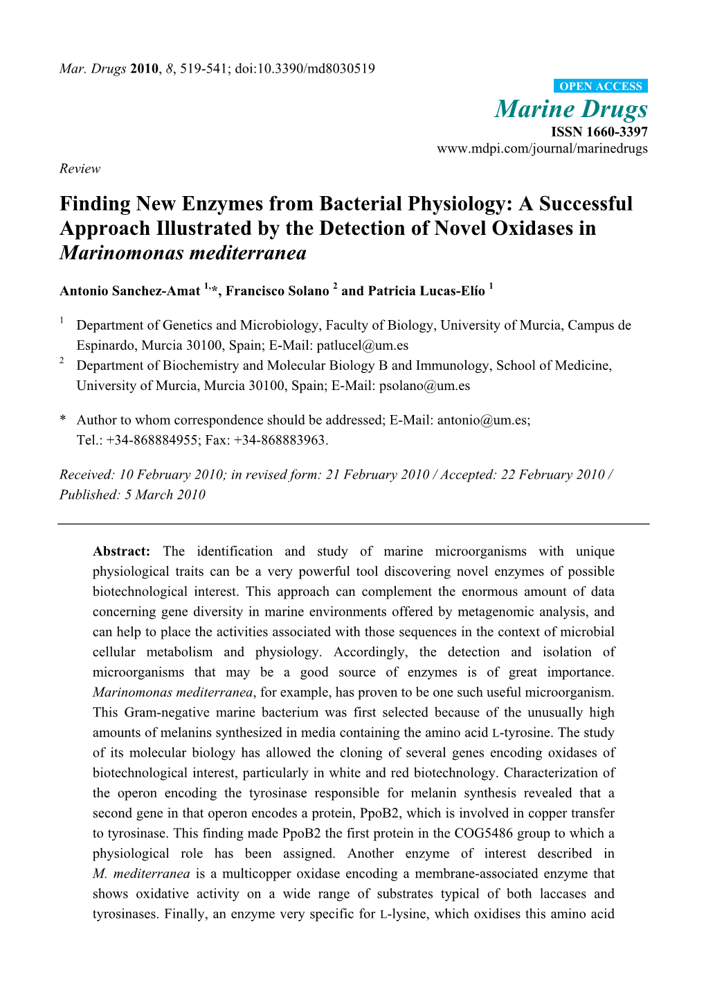 Finding New Enzymes from Bacterial Physiology: a Successful Approach Illustrated by the Detection of Novel Oxidases in Marinomonas Mediterranea