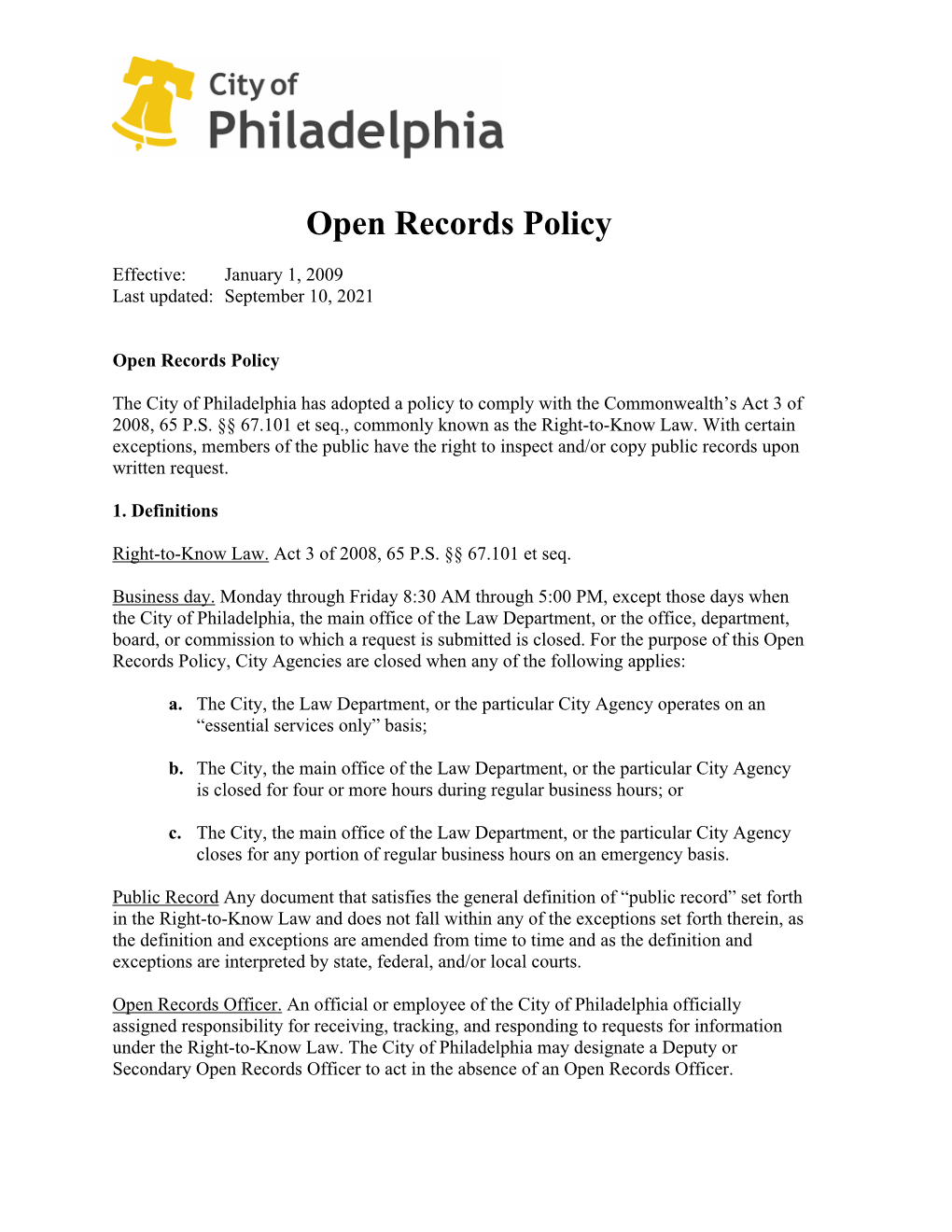 Open Records/Right to Know Policy – City of Philadelphia Law Department