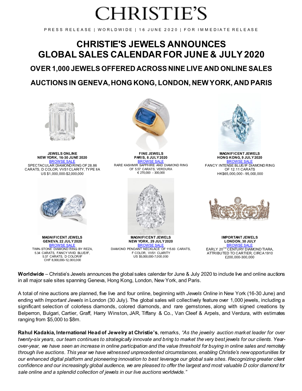 Christie's Jewels Announces Global Sales Calendar for June & July 2020