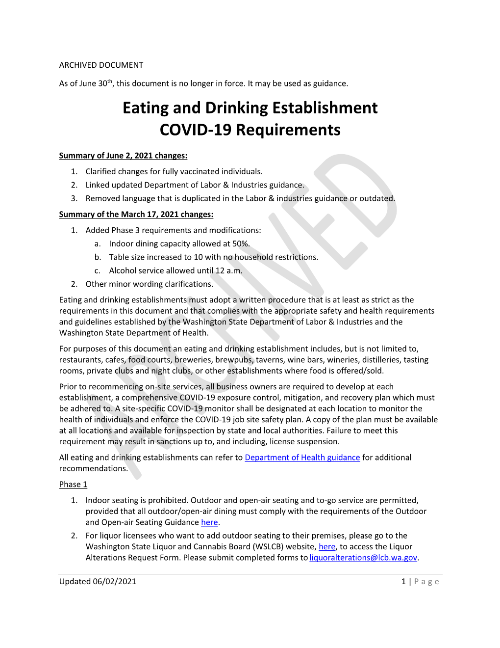 Eating and Drinking Establishment COVID-19 Requirements