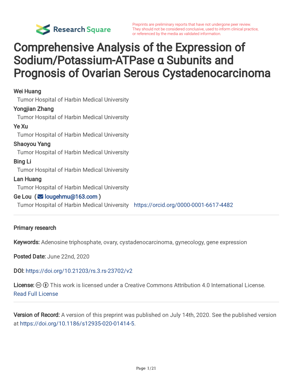 Comprehensive Analysis of the Expression of Sodium/Potassium-Atpase Α Subunits and Prognosis of Ovarian Serous Cystadenocarcinoma